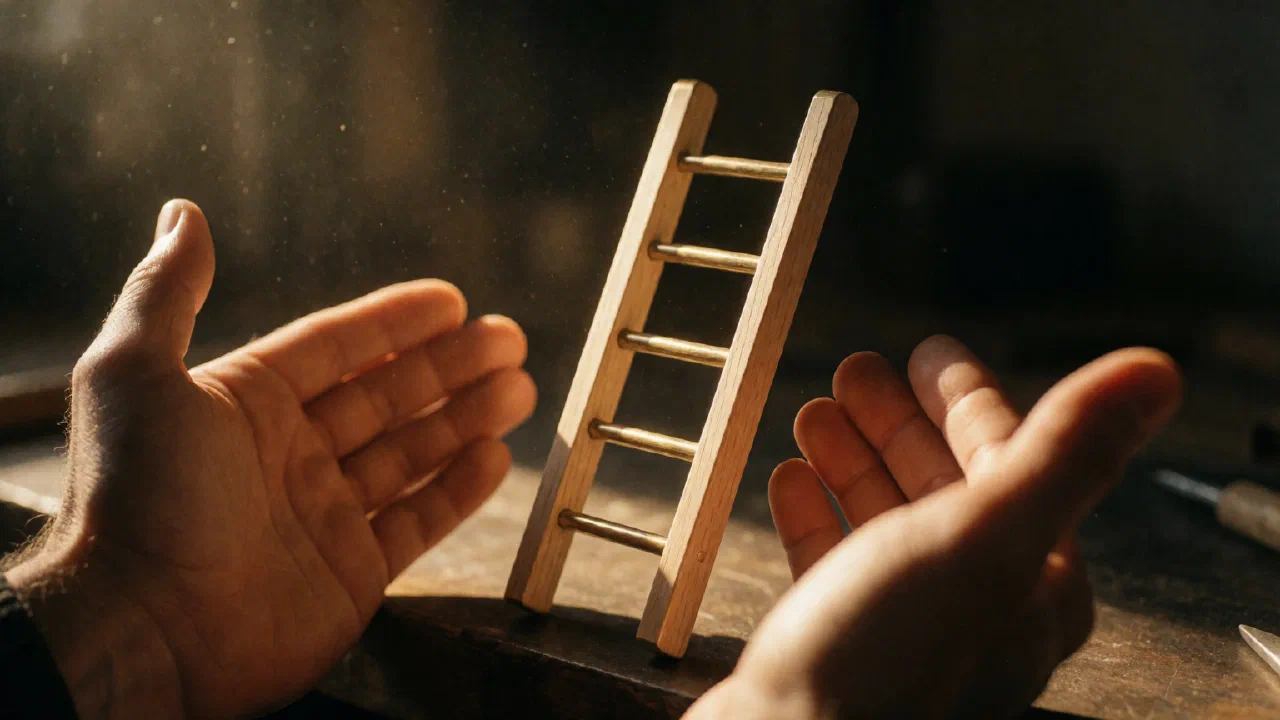Une petite échelle d'atelier en laiton et bois clair à cinq barreaux, posée seule sur un établi sombre sous une lumière chaude ; deux mains ouvertes se tiennent de part et d'autre, à distance, sans la toucher.