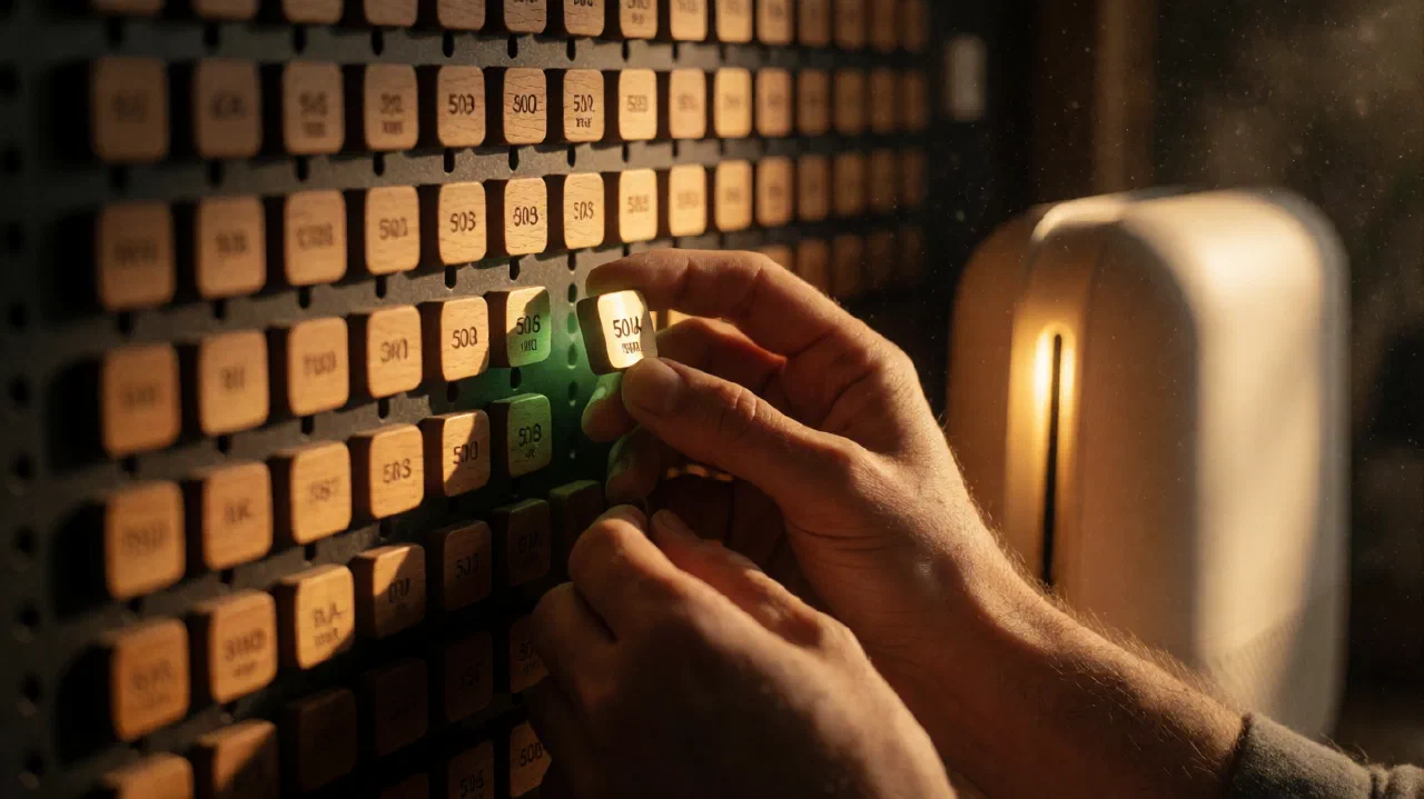 Des mains soulèvent une plaquette de bois gravée qui s'illumine, tirée d'un mur de dizaines de plaquettes semblables ; halo vert de validation, un boîtier mat avec une fente lumineuse attend à droite.